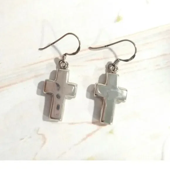 P 925 Sterling Silver Cross Dangle Drop Earrings Hook Signed Jewelry Lot - Picture 3 of 8